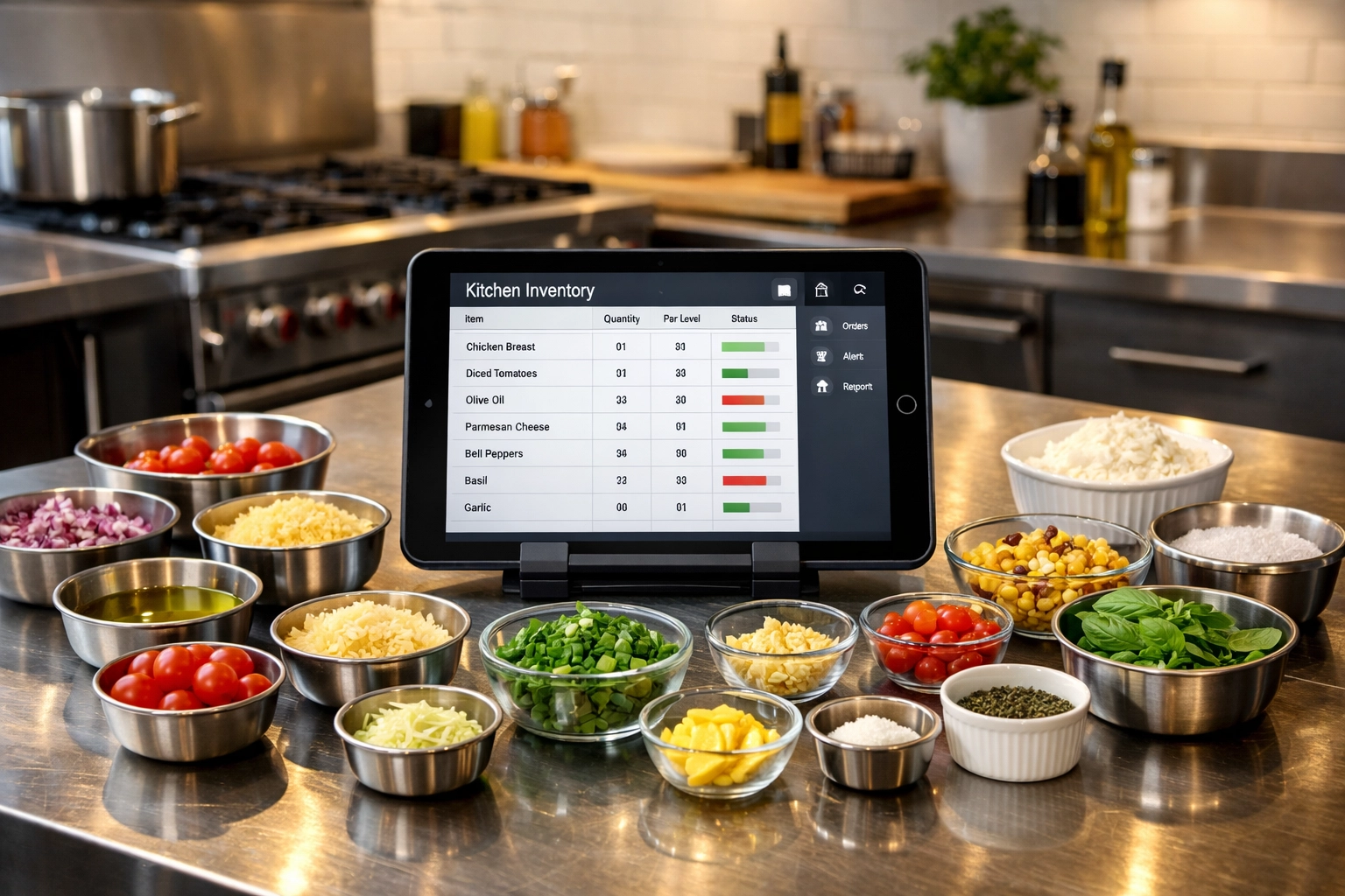 Modern kitchen technology with digital inventory management and mise en place