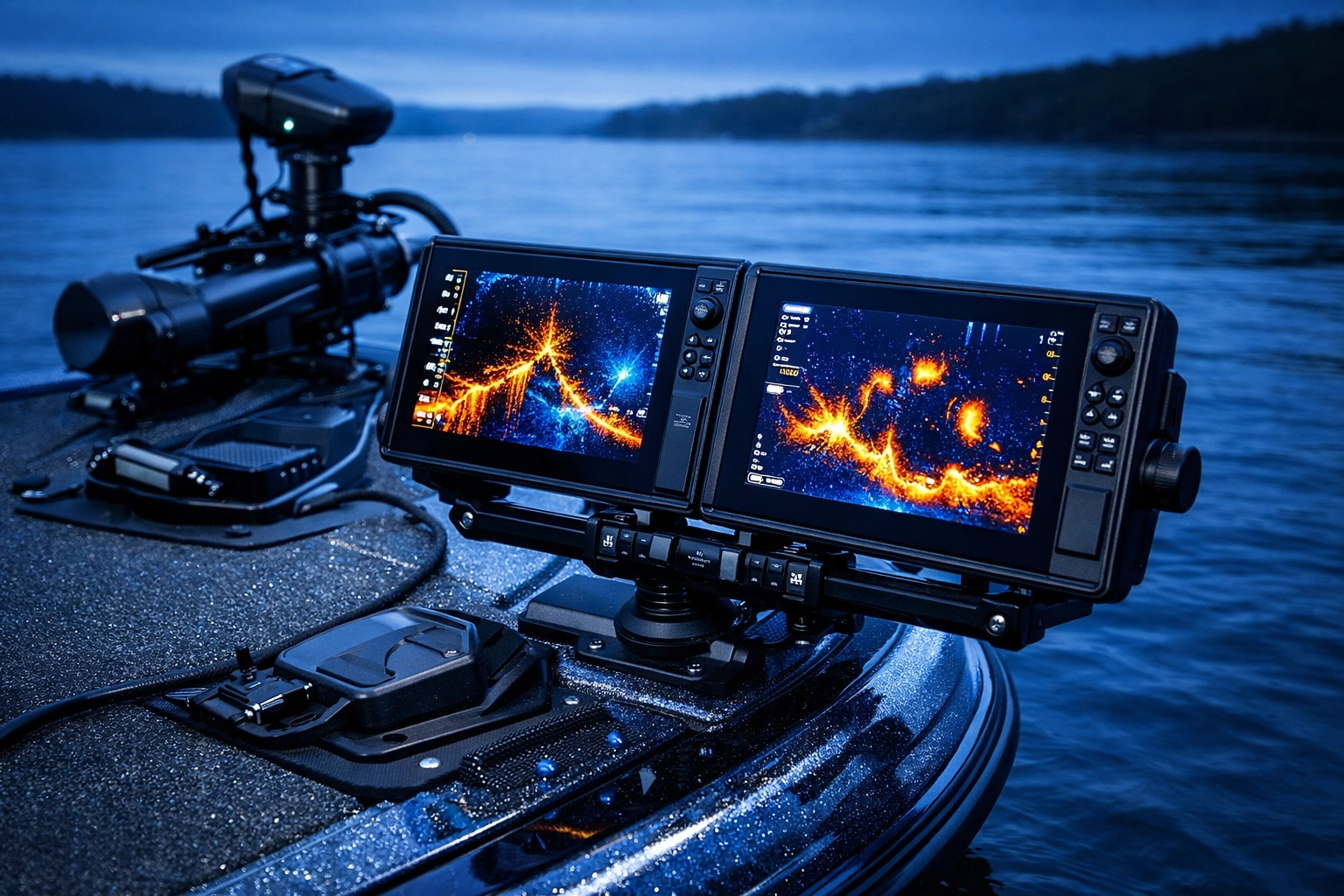 Professional dual-screen sonar and trolling motor setup on a Skeeter bass boat for tournament mapping.
