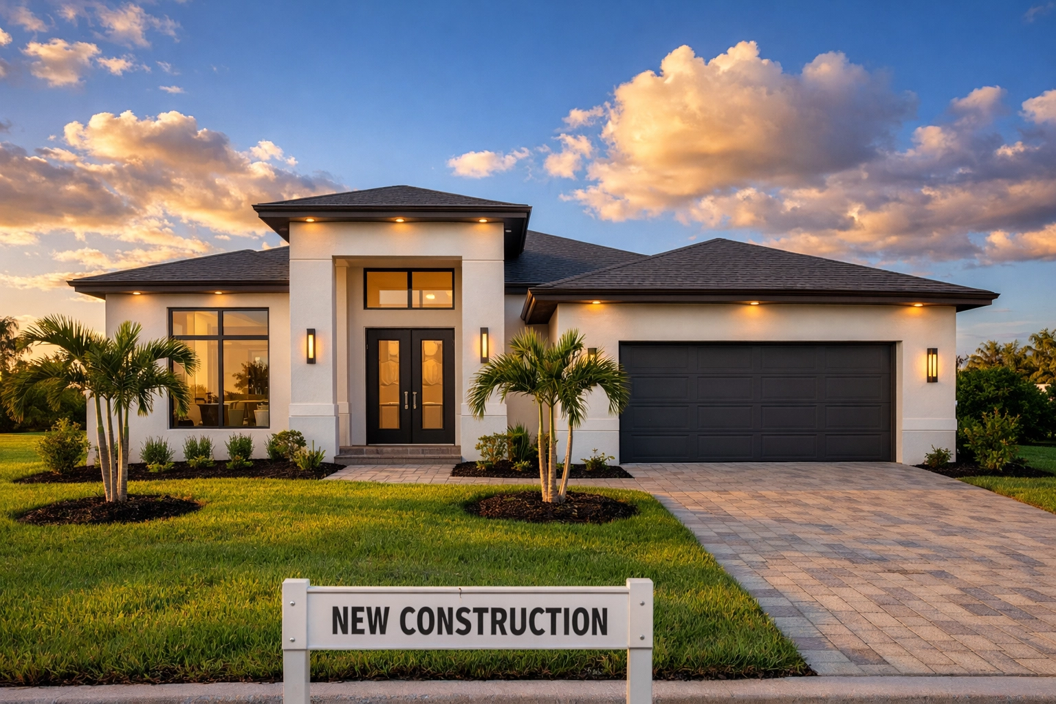 Modern new construction home in Cape Coral with white stucco exterior and contemporary design