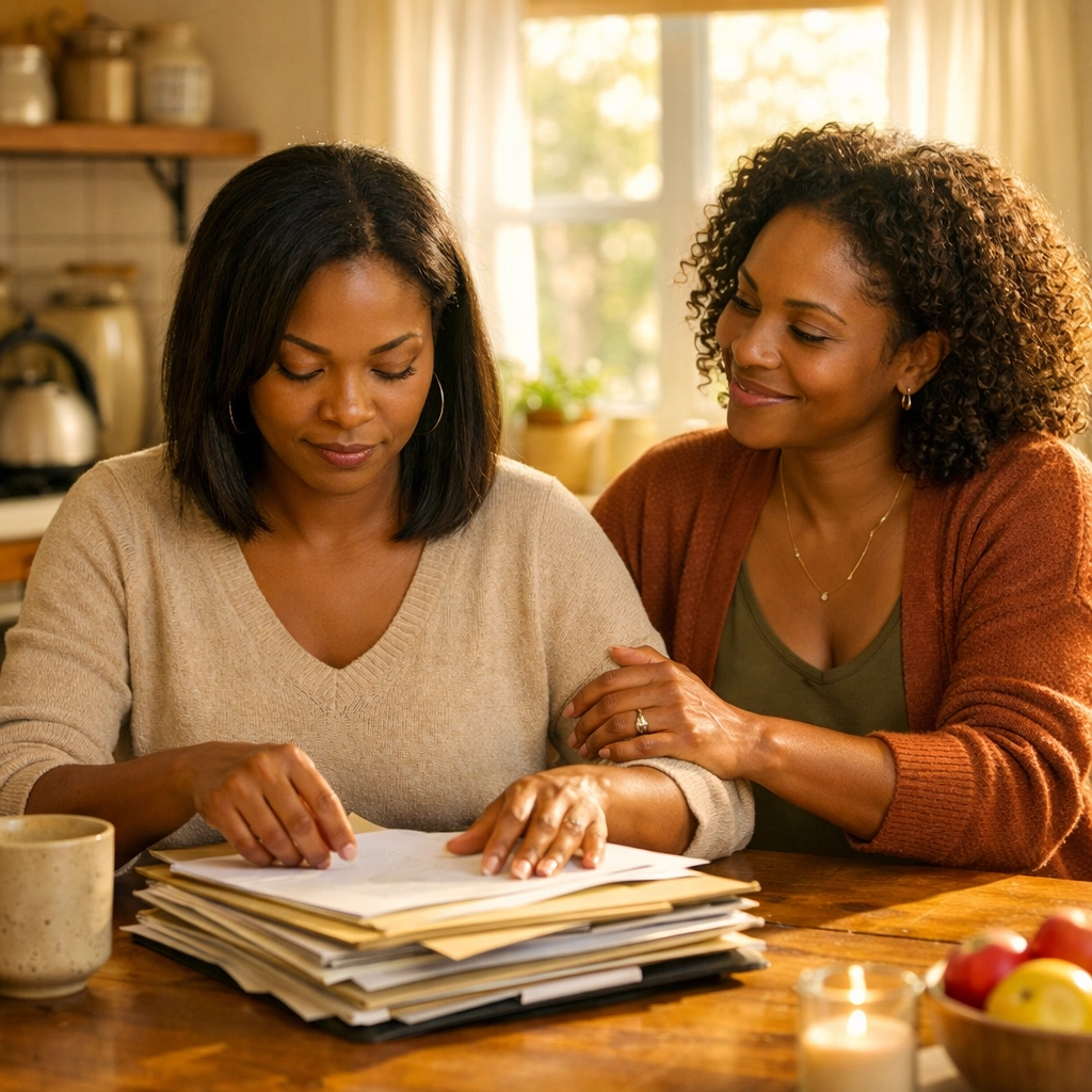 Black women in Burlington County organizing documents for NJ rent assistance at a kitchen table.