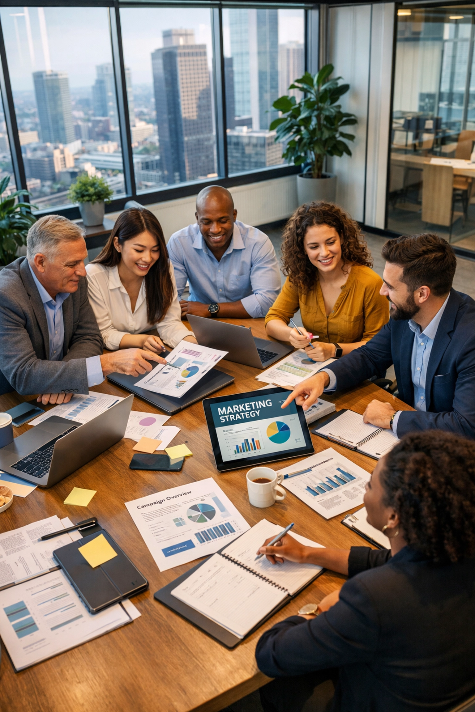 Sports marketing team collaborating on press release workflow and approval processes in modern office