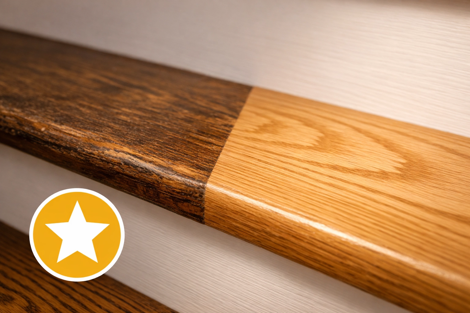 Professional Chicago staircase refinishing showing a transition from old finish to freshly sanded natural oak wood grain.