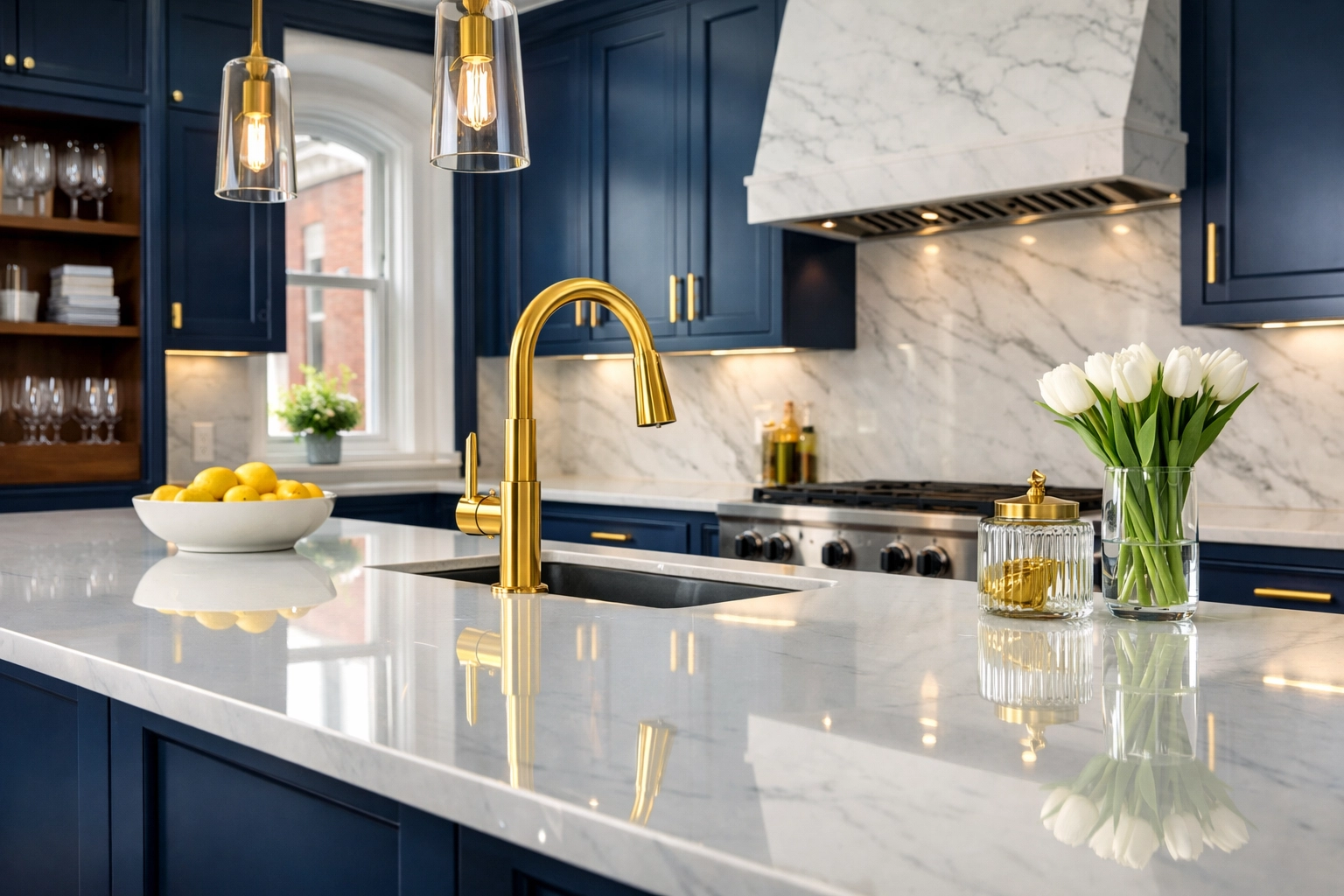 A spotless Boston kitchen with reflective marble counters after professional post-construction deep cleaning.