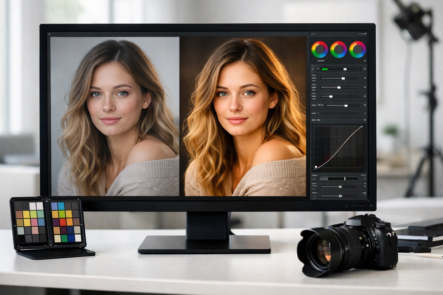 Side-by-side color grading comparison showing photo editing secrets revealed for a natural, professional finish.