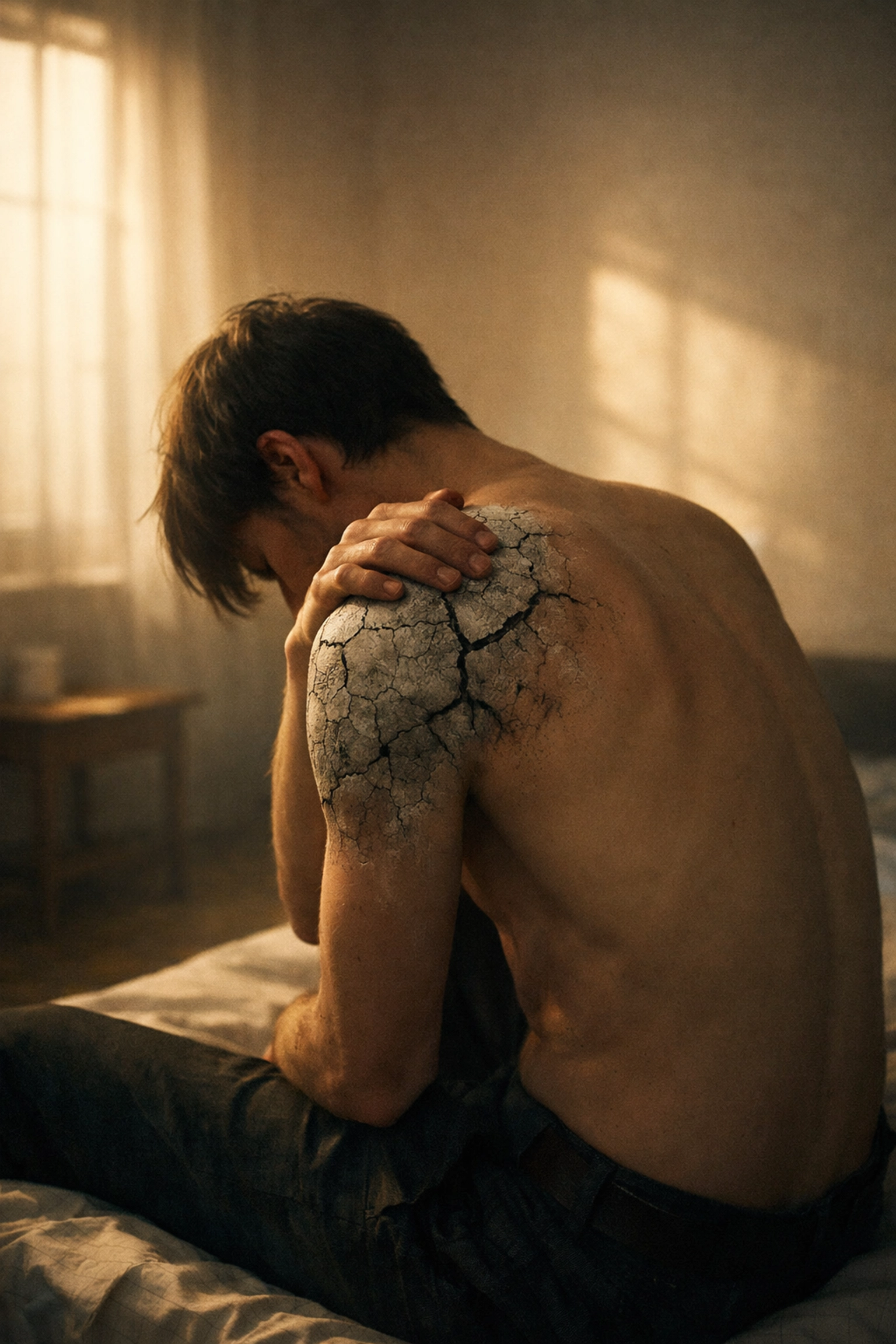 A person experiencing muscle tension and chronic shoulder pain as a somatic metaphor for emotional weight.