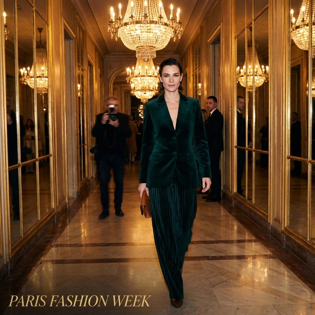 Model in emerald blazer walks ornate Paris corridor, symbolizing Latino designer presence at Paris Fashion Week