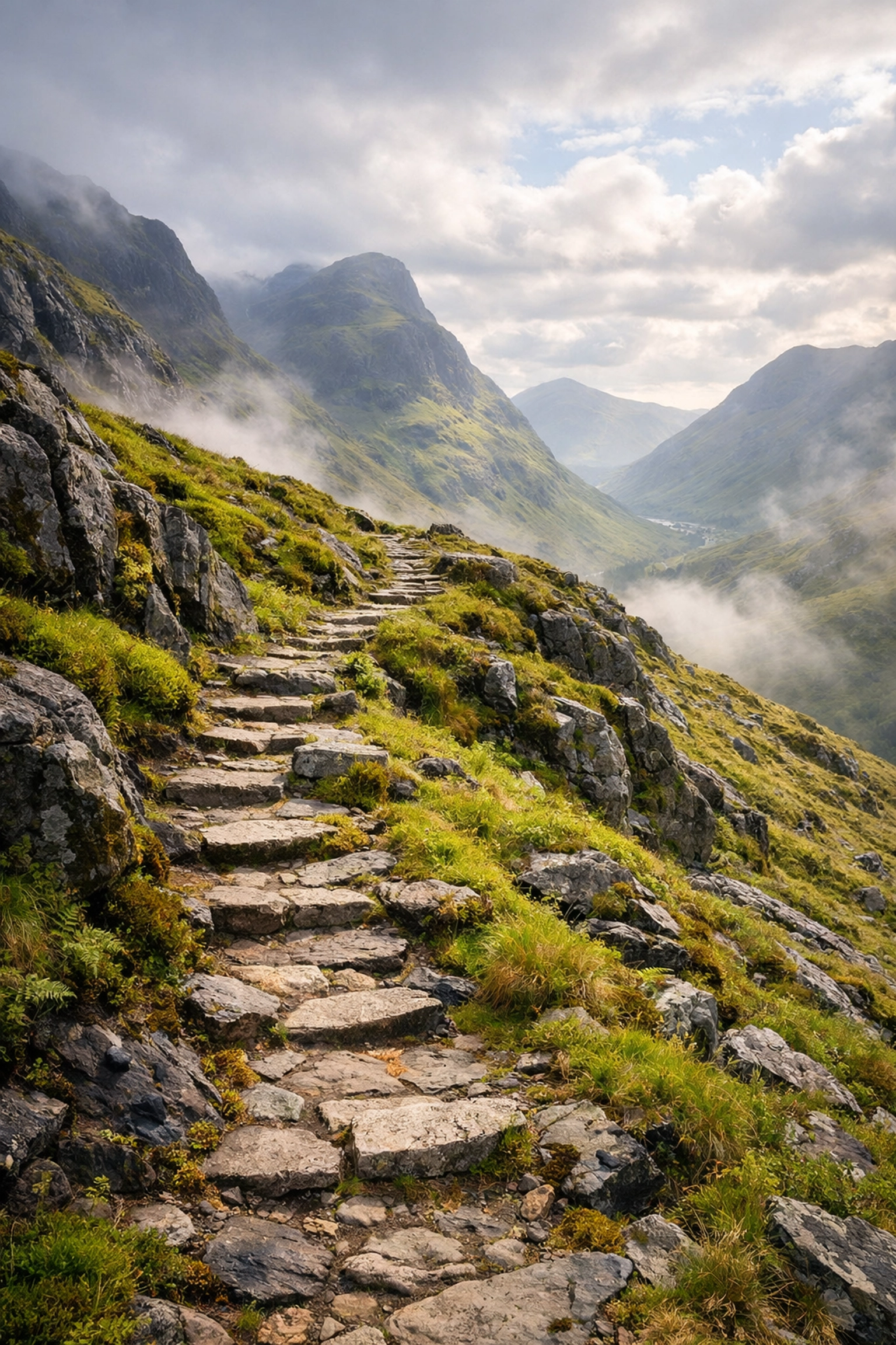 A winding stone path on the West Highland Way in Glencoe, part of a guided hiking tour in the UK.