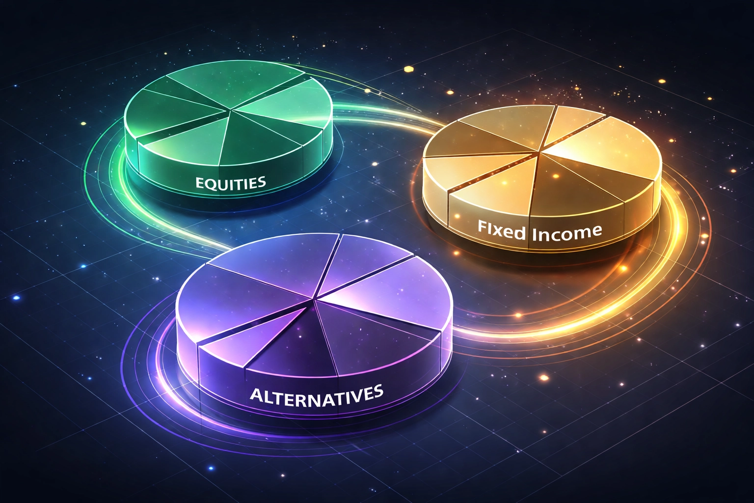 Interconnected charts showing 40/30/30 portfolio allocation across equities, bonds, and alternatives