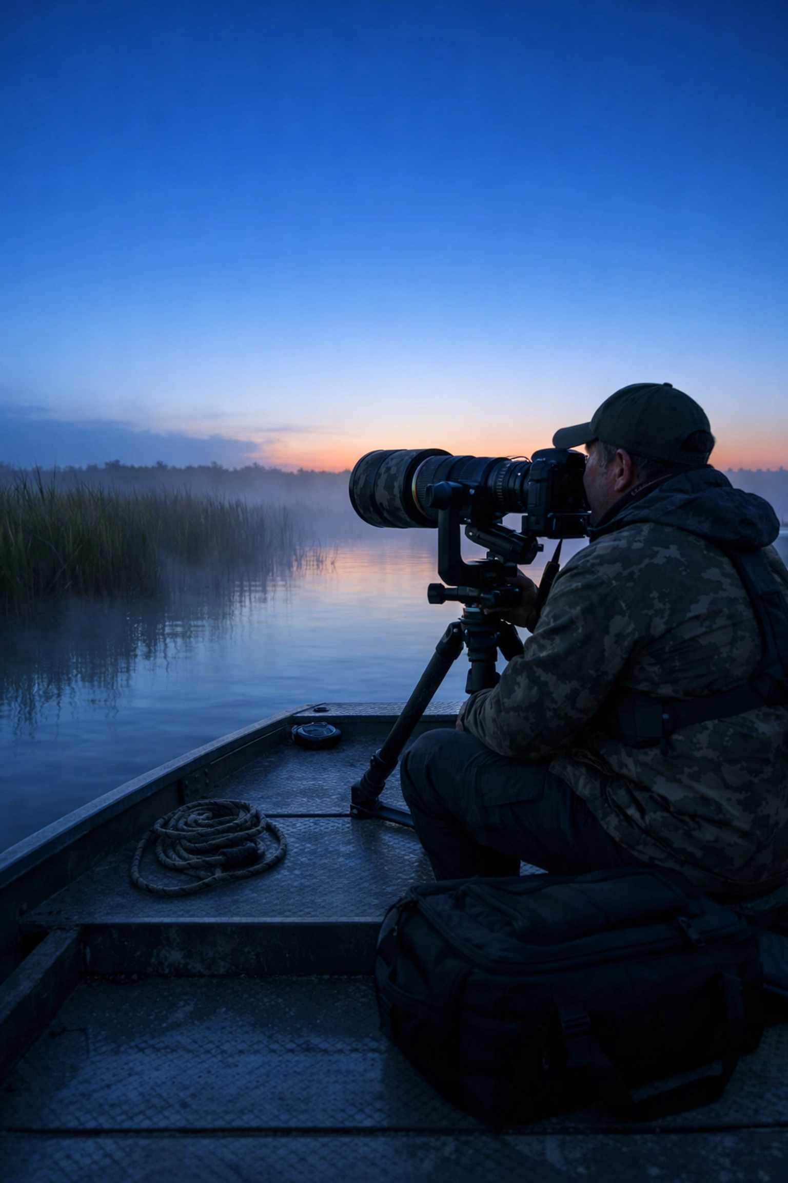 Professional wildlife photographer on a stable boat at dawn in Everglades National Park.