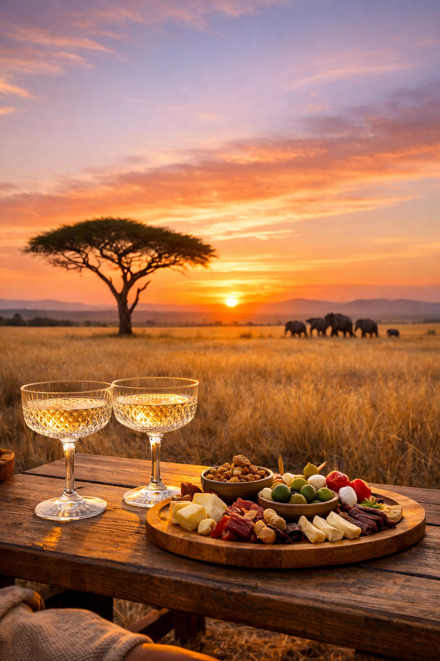 Luxury African safari sundowner at sunset overlooking elephants on the golden savannah.