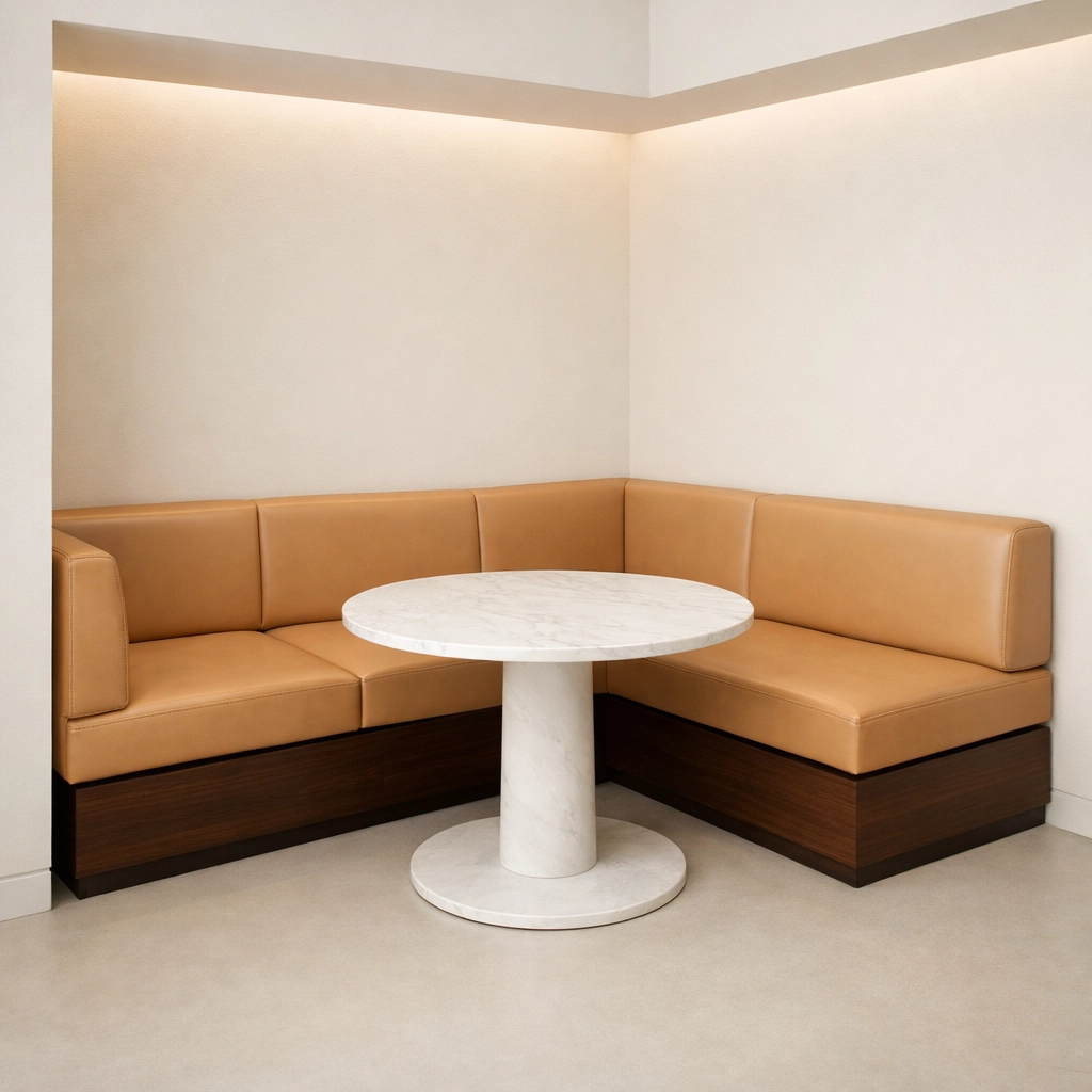 Custom L-shaped corner booth seating with tan leather upholstery maximizing restaurant space.