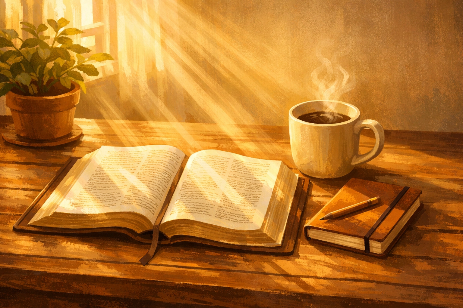 Open Bible with coffee on table representing biblical approach to consuming daily news