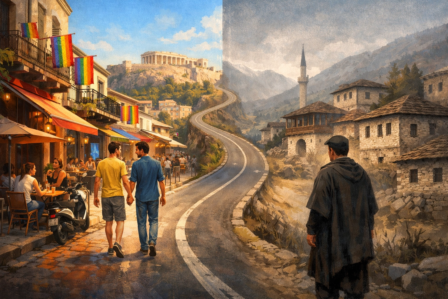 Urban Athens queer freedom contrasted with rural Albanian village life