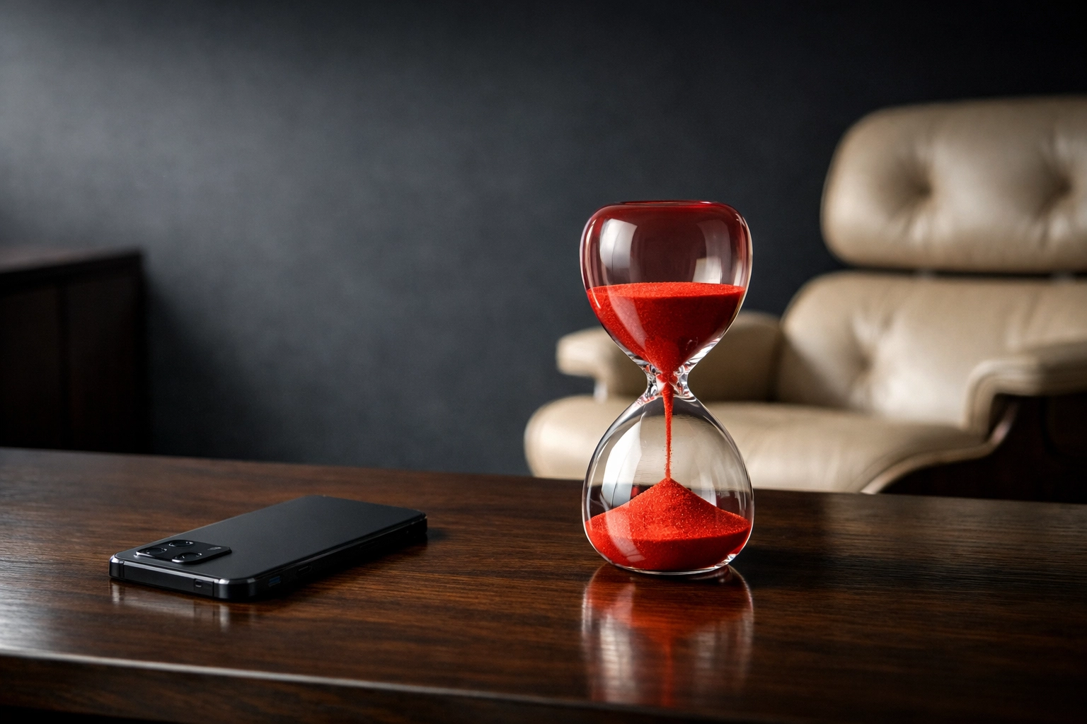 Smartphone and red hourglass on a modern desk highlighting fast lead response times for real estate appointments.