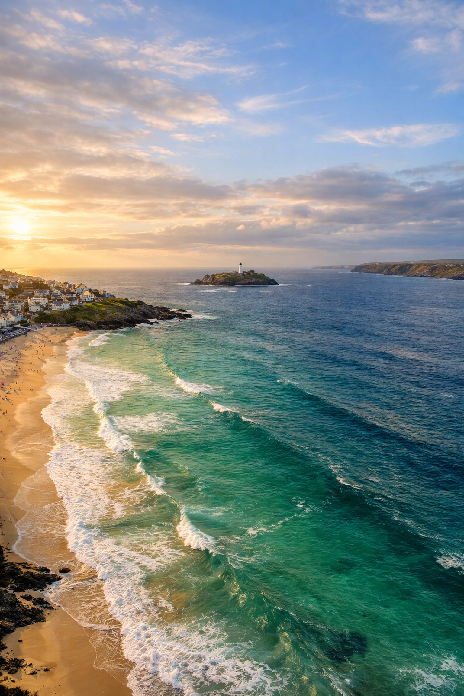 Scenic aerial view of St Ives bay in Cornwall, a tranquil location for scattering ashes at sea by drone.