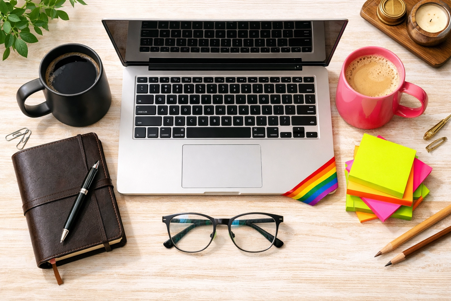 Organized workspace with a laptop and rainbow ribbon, representing the creation of new LGBTQ+ fiction.