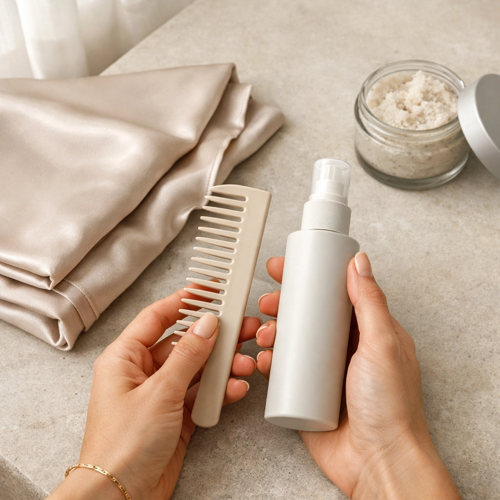 Professional hair care tools and products including a wide-tooth comb and scalp scrub.