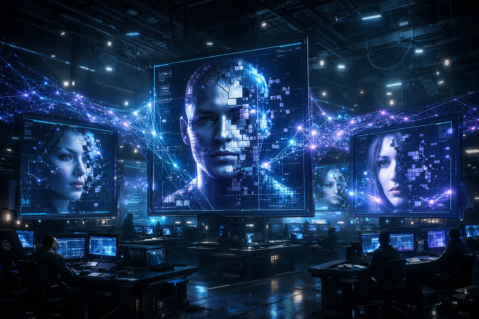 Industrial-scale deepfake fraud operation control center with multiple screens processing faces