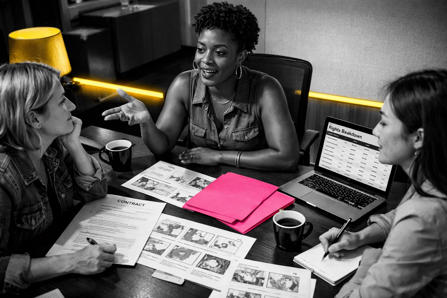 Women entrepreneurs collaborating on IP strategy and creative business planning at conference table