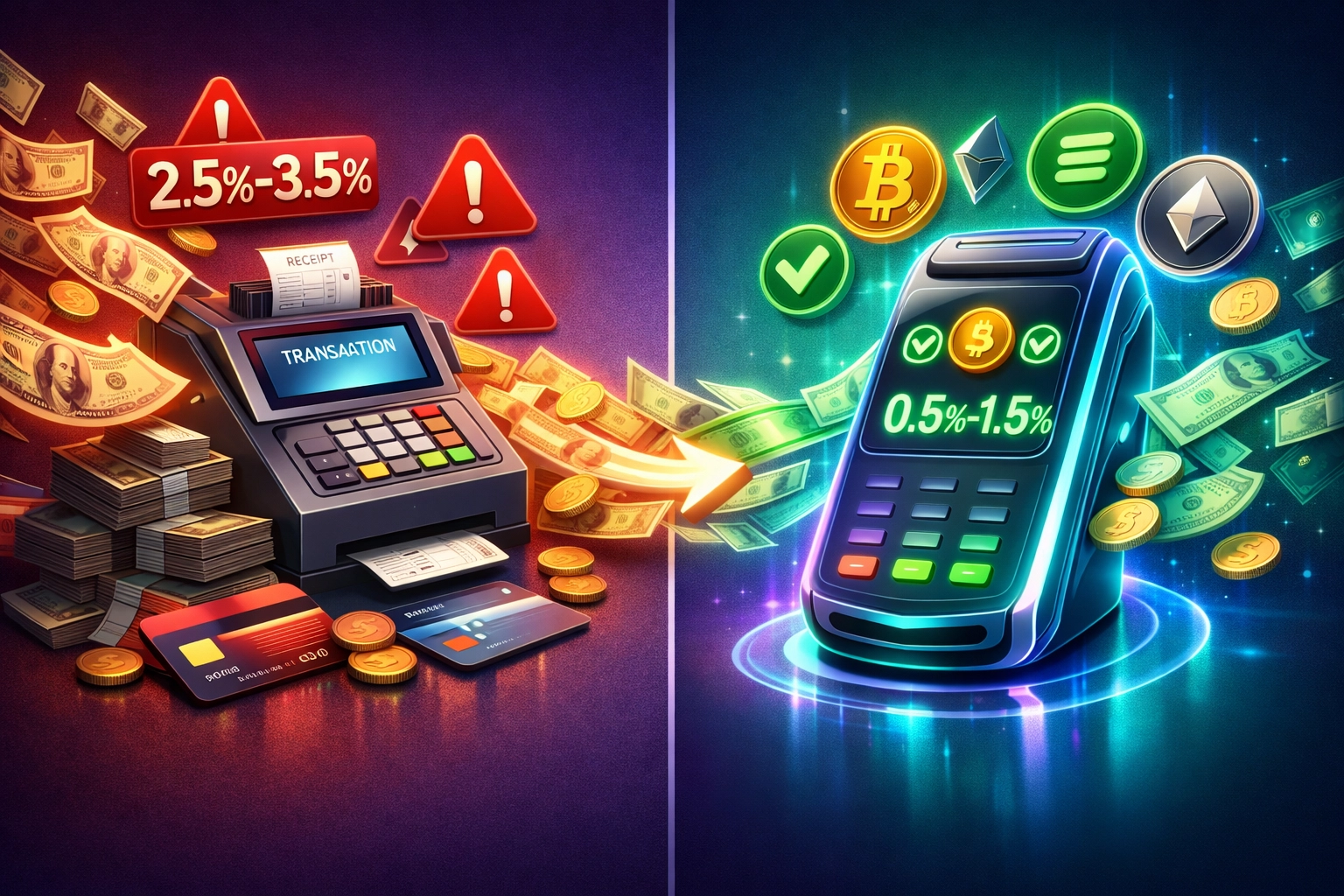 Comparison showing 50% merchant fee savings: traditional payment system vs Larecoin crypto payments