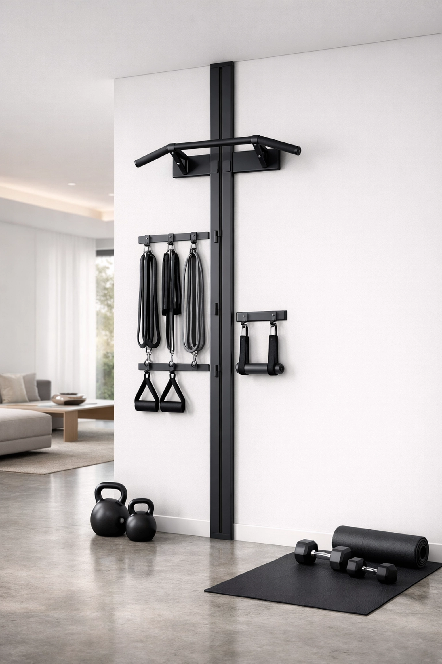 A versatile floor to ceiling gym system with resistance bands, providing a no wall damage workout system.