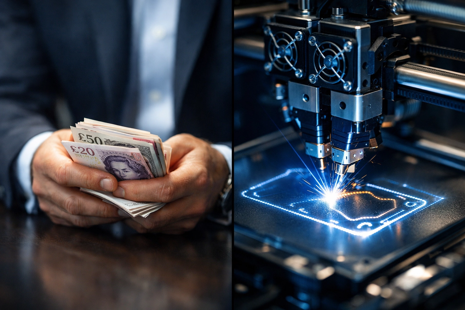 Business owner comparing cash reserves with high-tech equipment purchased through asset finance.