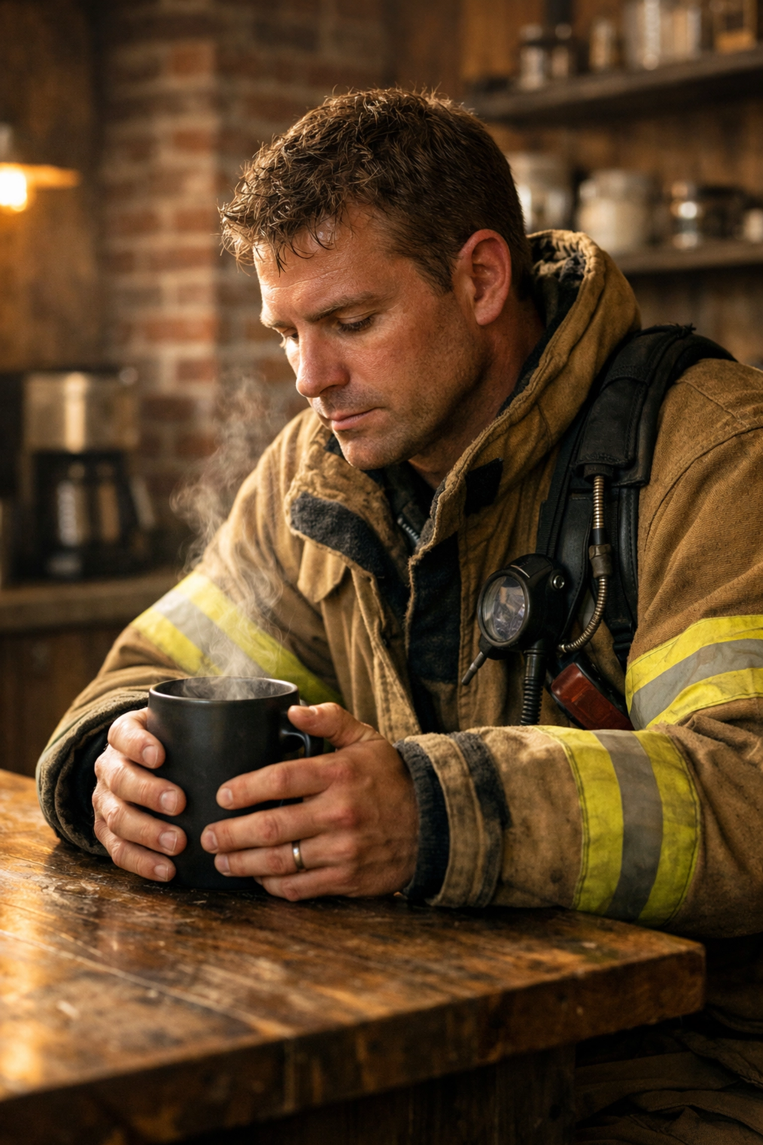 A firefighter in uniform enjoys a steaming cup of Peacemaker Coffee in a warm kitchen.