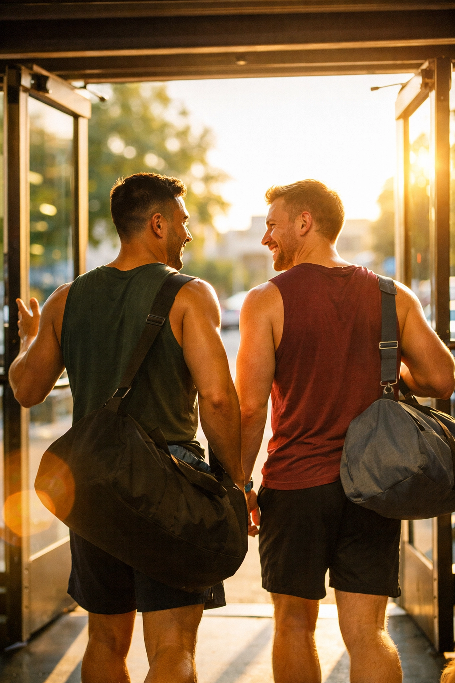Two men leaving gym together after first connection in LGBTQ+ romance