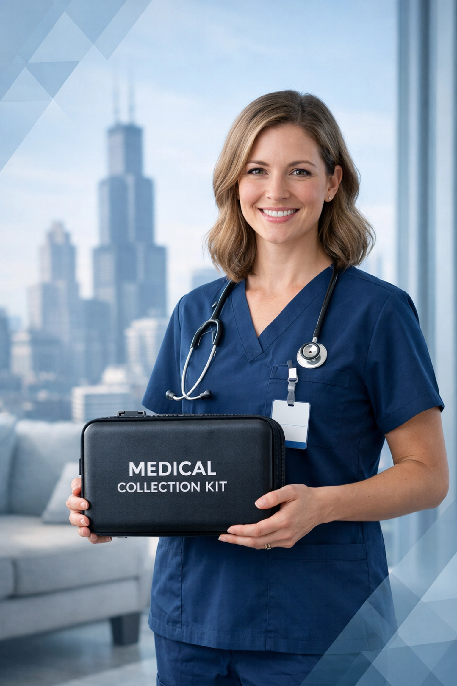 Professional mobile DNA testing collector with kit in a Chicago home overlooking the city skyline.