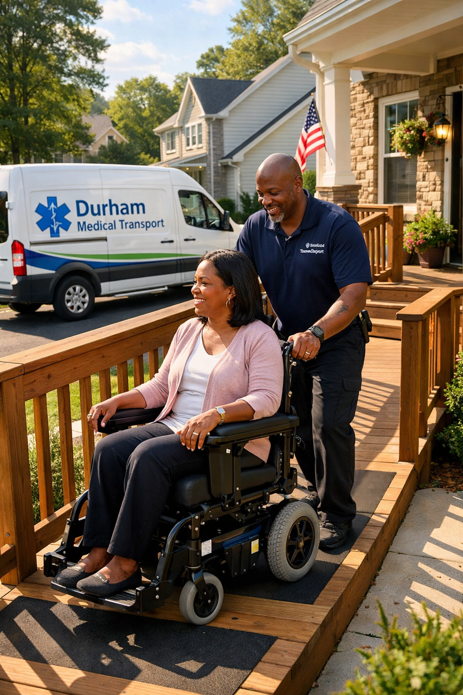 Driver assisting a senior in a wheelchair for reliable medical transport durham nc.