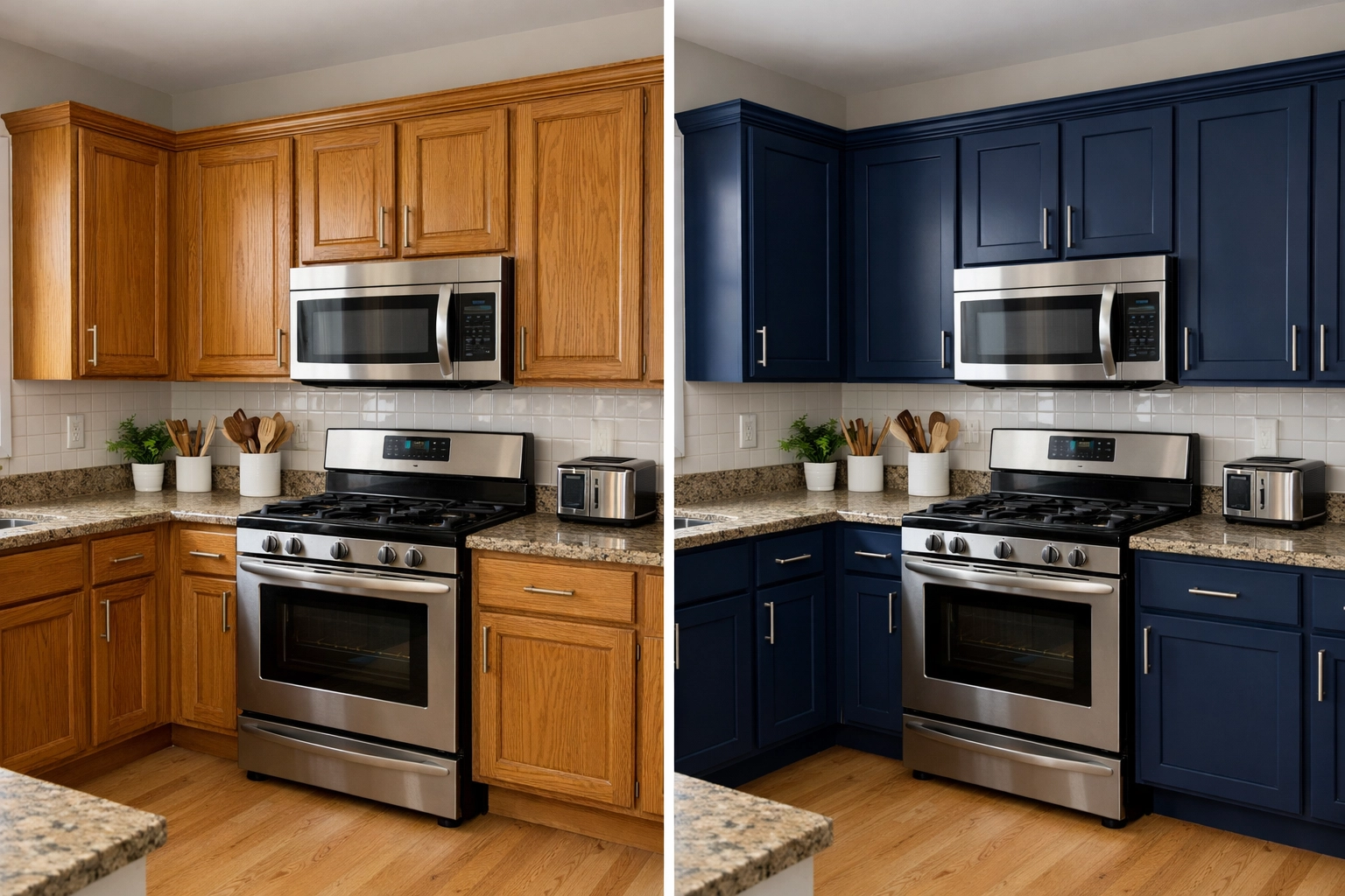 Before and after comparison of oak cabinets transformed with navy blue cabinet spraying