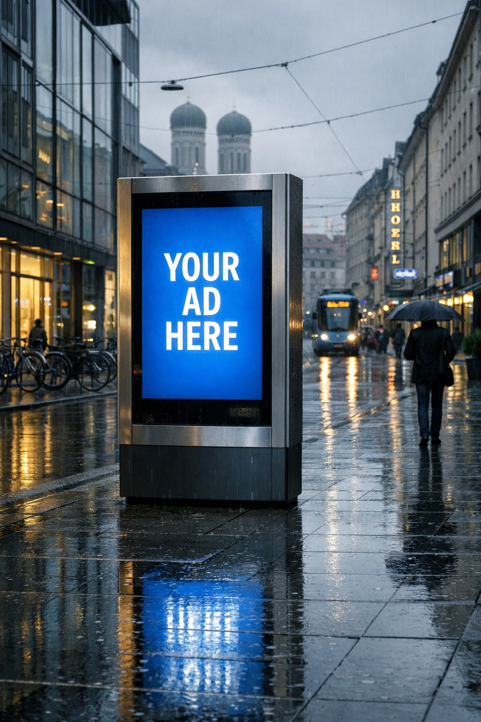 A digital advertising kiosk in Munich responding to weather triggers during a rainy day in the city center.