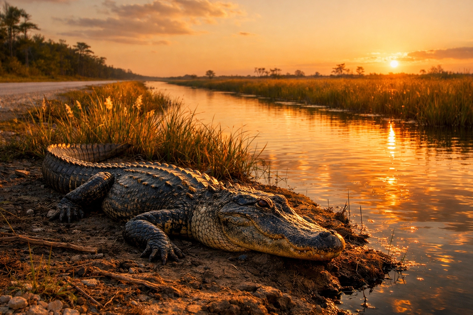 Environmental wildlife photography of an alligator at sunset on Turner River Road, Everglades.