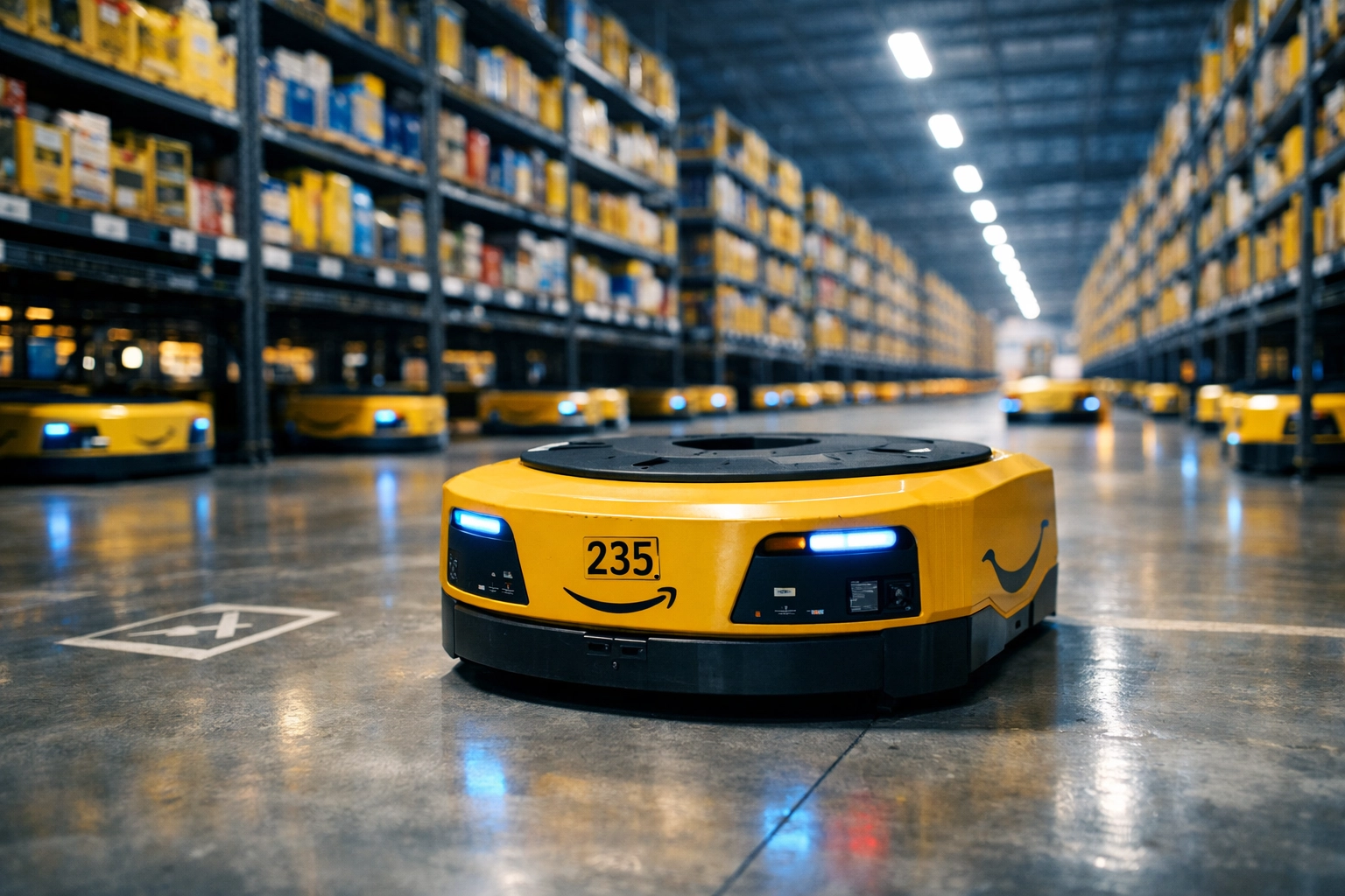 Amazon warehouse robots moving between storage shelves in automated fulfillment center