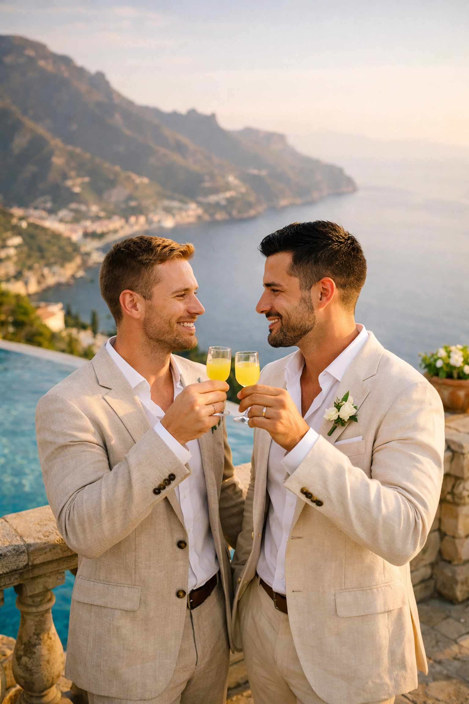 Two grooms toasting on Ravello terrace during Amalfi Coast honeymoon