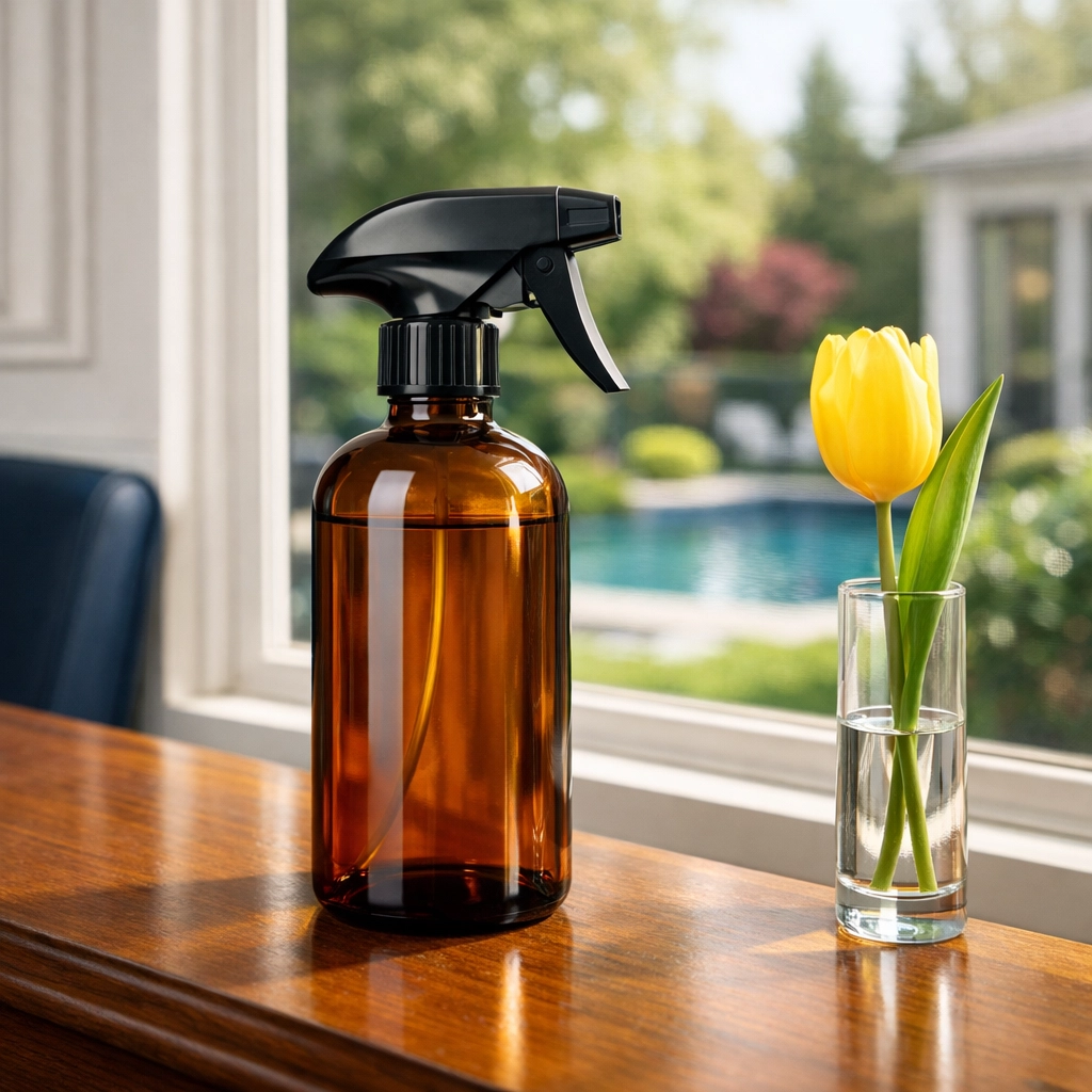 Eco-friendly non-toxic glass cleaner in an amber spray bottle for streak-free windows.