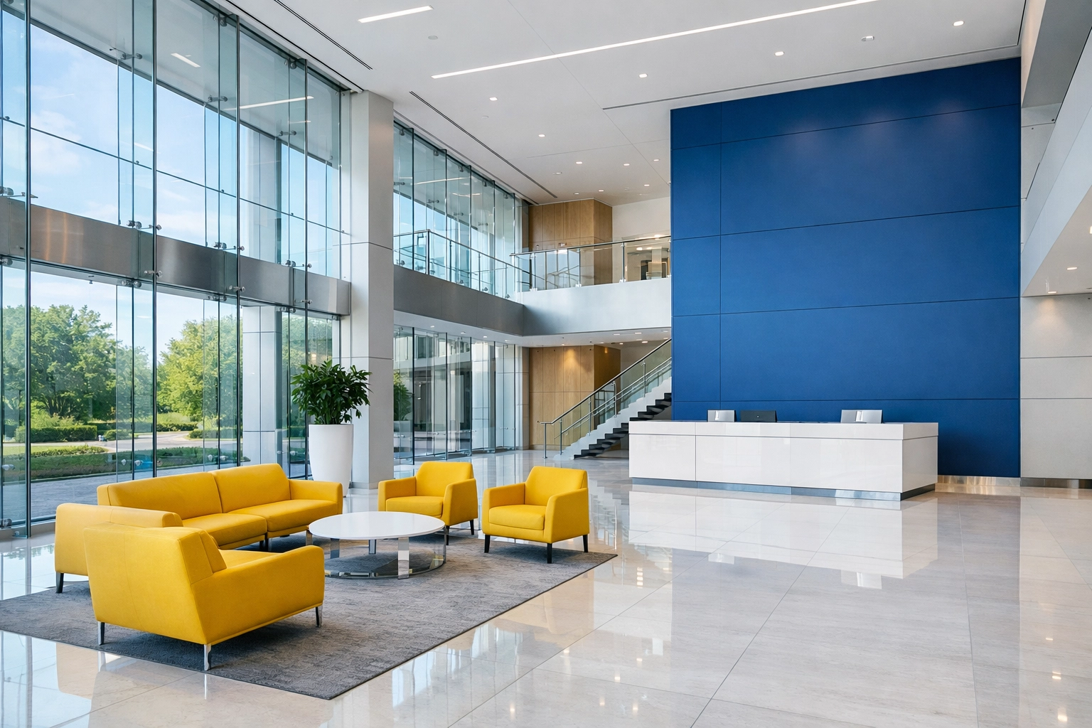 Immaculate modern office lobby in Bedford showcasing professional commercial cleaning and floor maintenance.
