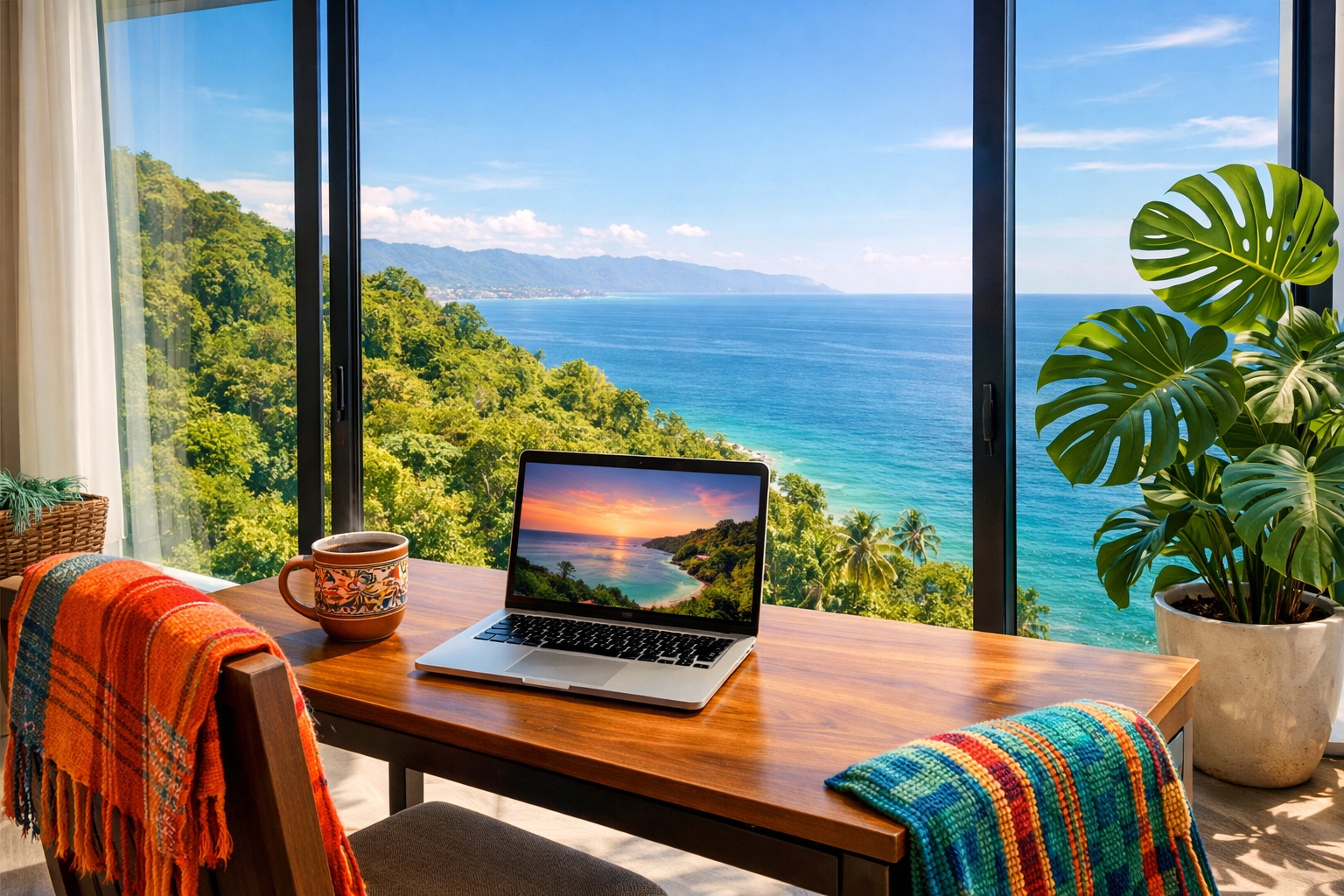 Puerto Vallarta digital nomad workspace in an Amapas condo with floor-to-ceiling ocean and jungle views.