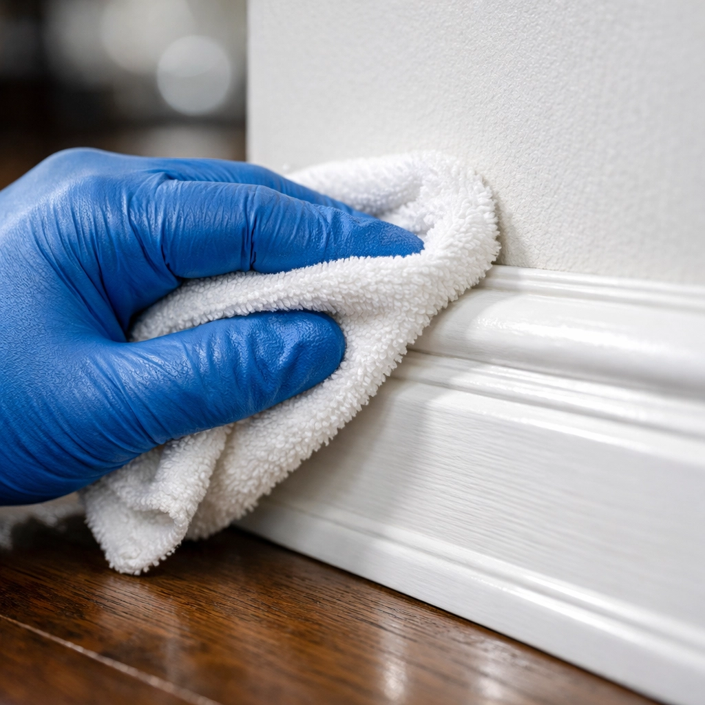 Professional deep cleaning in Lexington MA showing expert baseboard wiping and detailed home care.