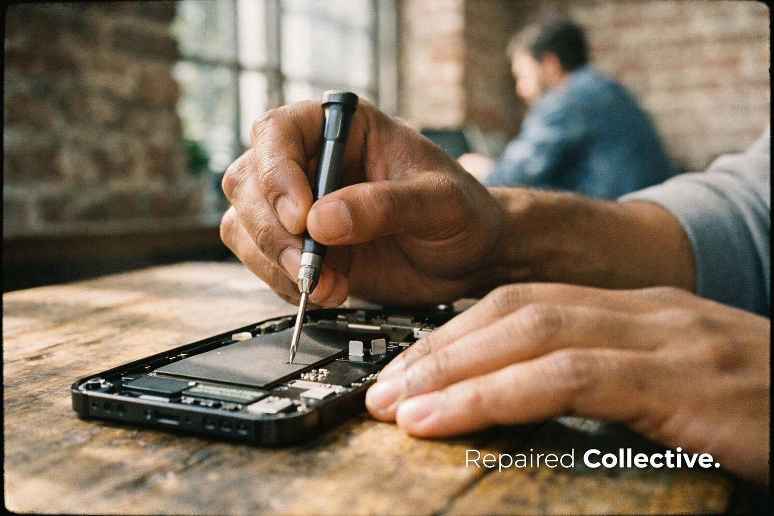 Close-up of a technician performing an iPhone battery replacement in a Williamsburg cafe for Repaired Collective.