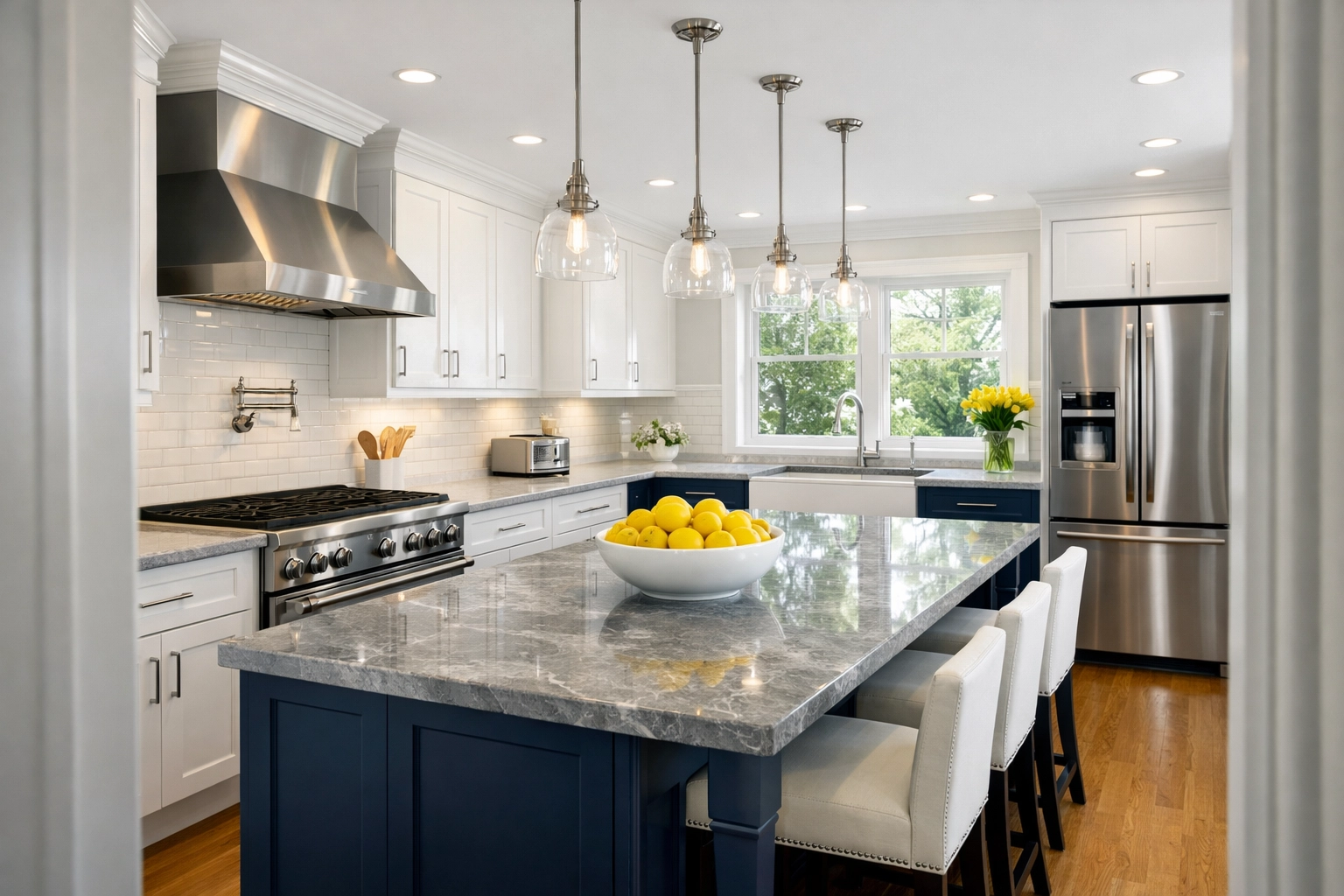 A high-end kitchen in Canton MA featuring a sanitized marble island and white cabinets after a professional deep clean.