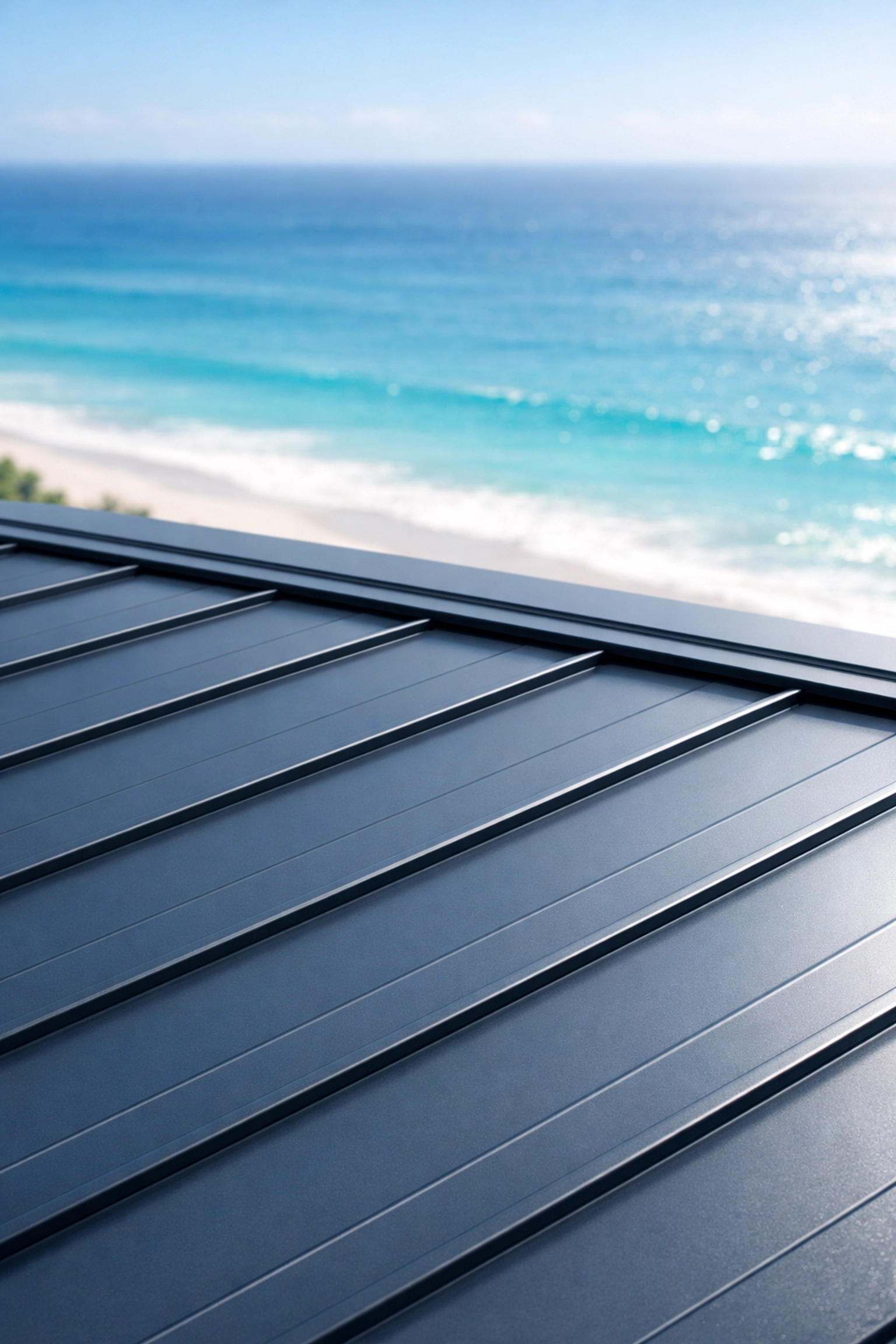 Coastal-grade slate grey metal roofing on a Northern Beaches home overlooking the ocean.