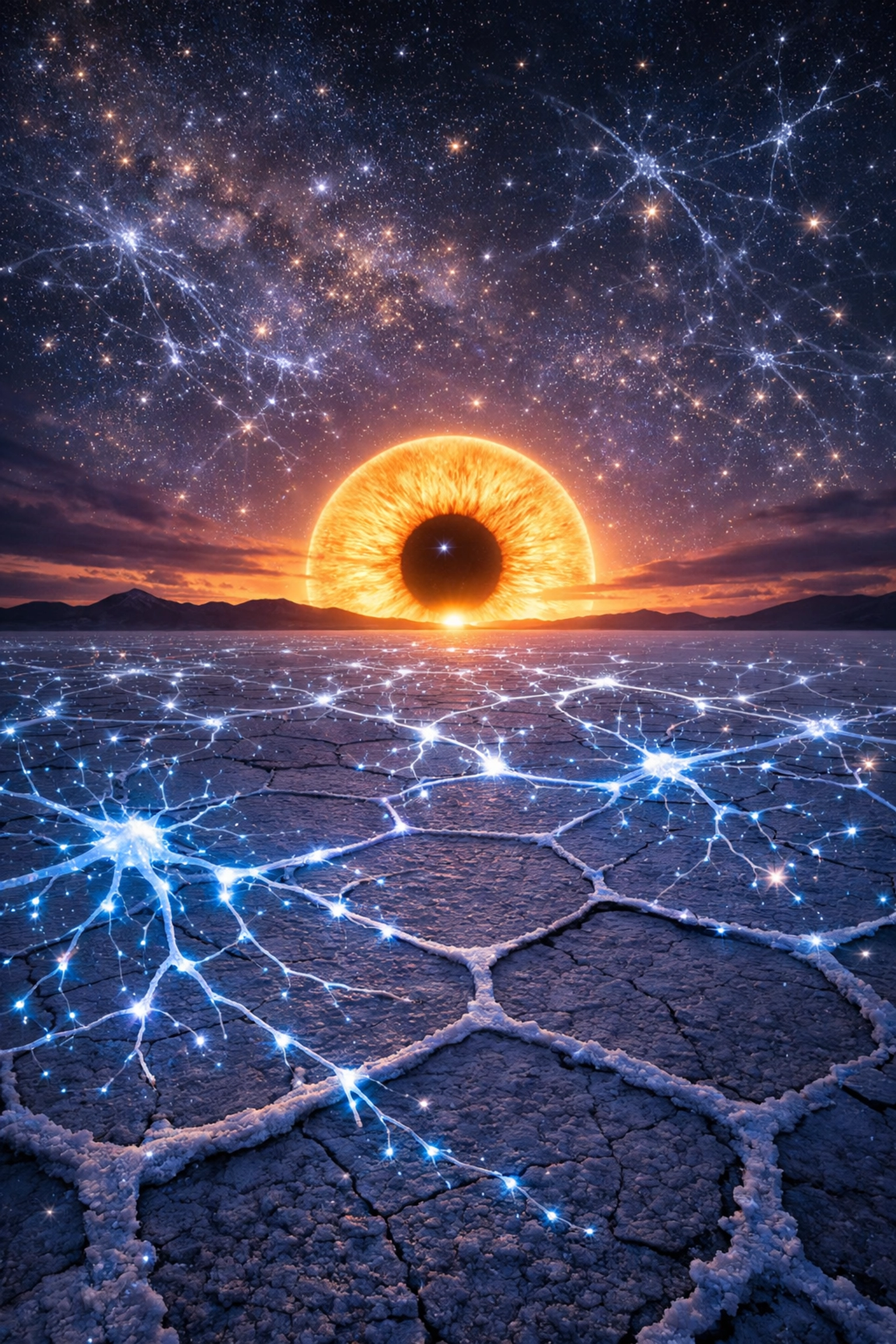 Surreal landscape with glowing blue neural pathways and a rising sun eye, illustrating nervous system regulation.
