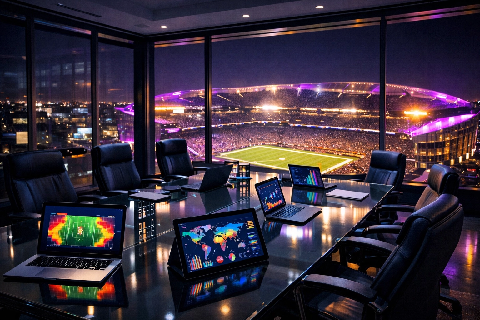 Corporate strategy war room overlooking a Super Bowl stadium with data analytics for brand ROI.