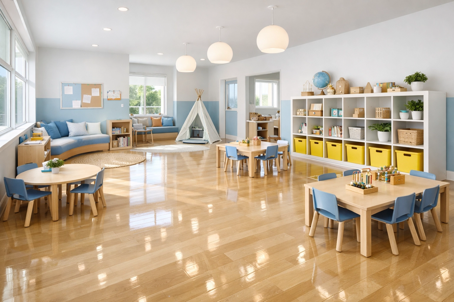Impeccably clean modern daycare classroom in Massachusetts with polished wood floors and organized cubbies.
