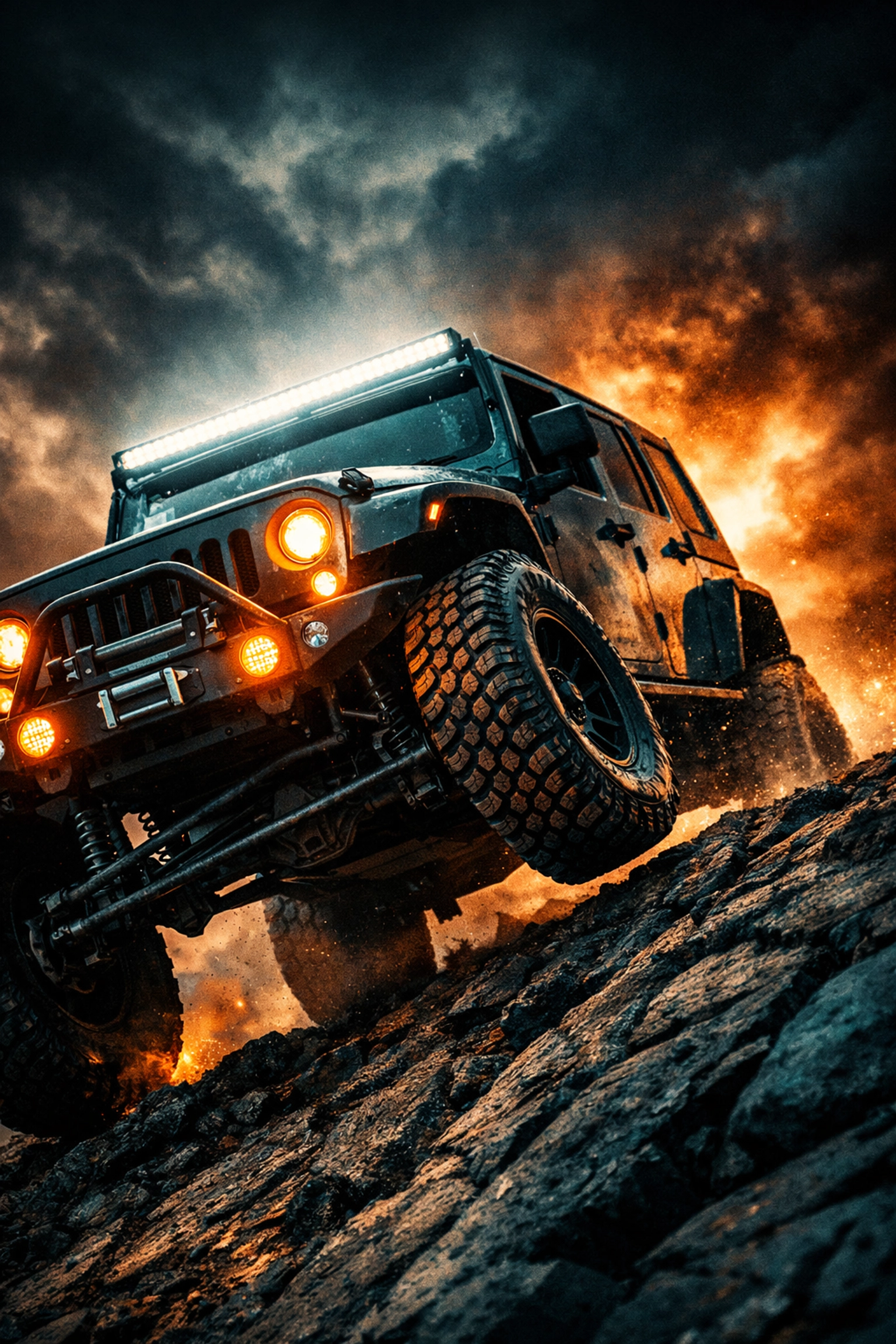 Lifted Jeep with LED light bar and off-road bumper climbing steep rocky trail
