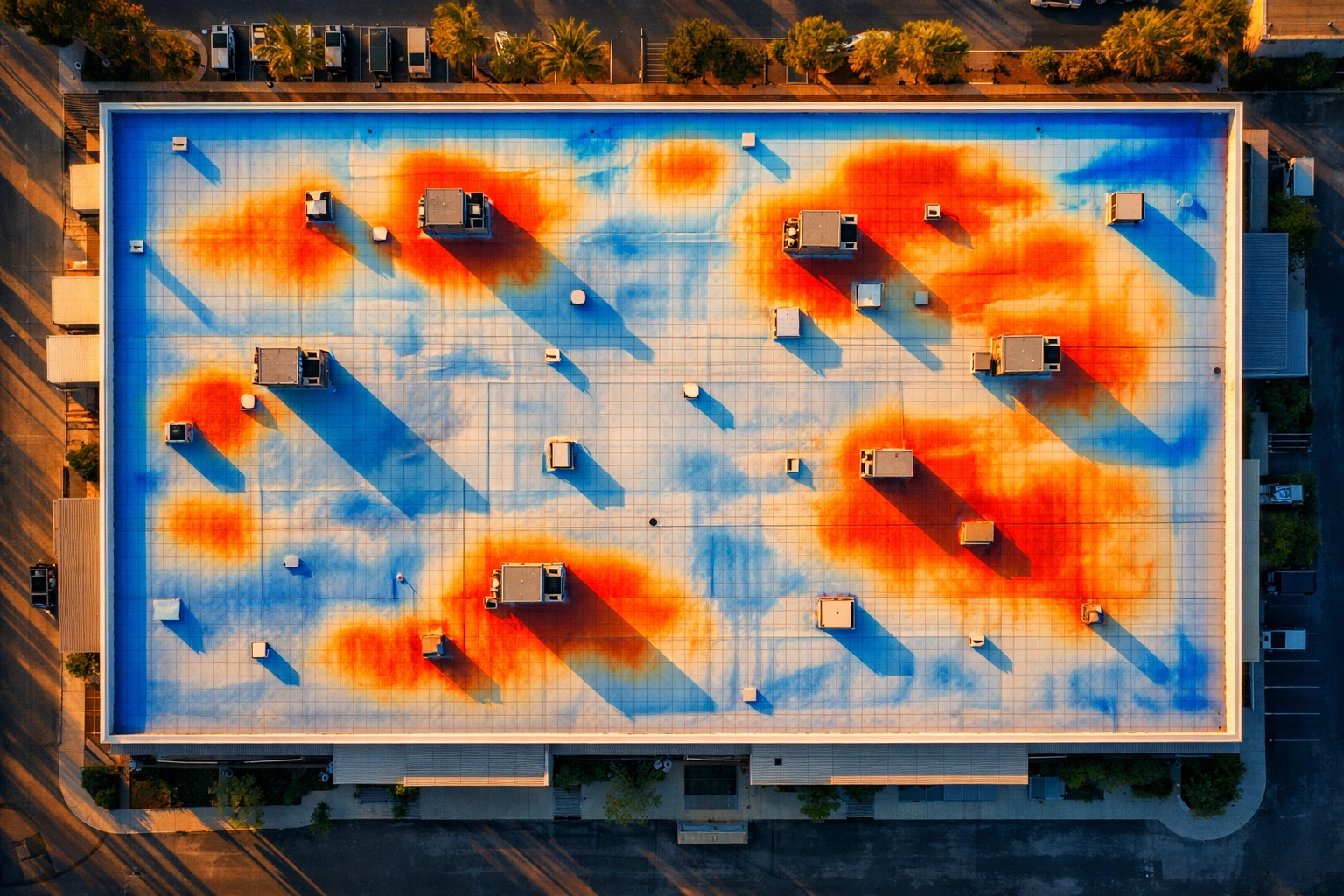 Thermal drone imaging of commercial roof showing moisture intrusion patterns in Southwest Florida