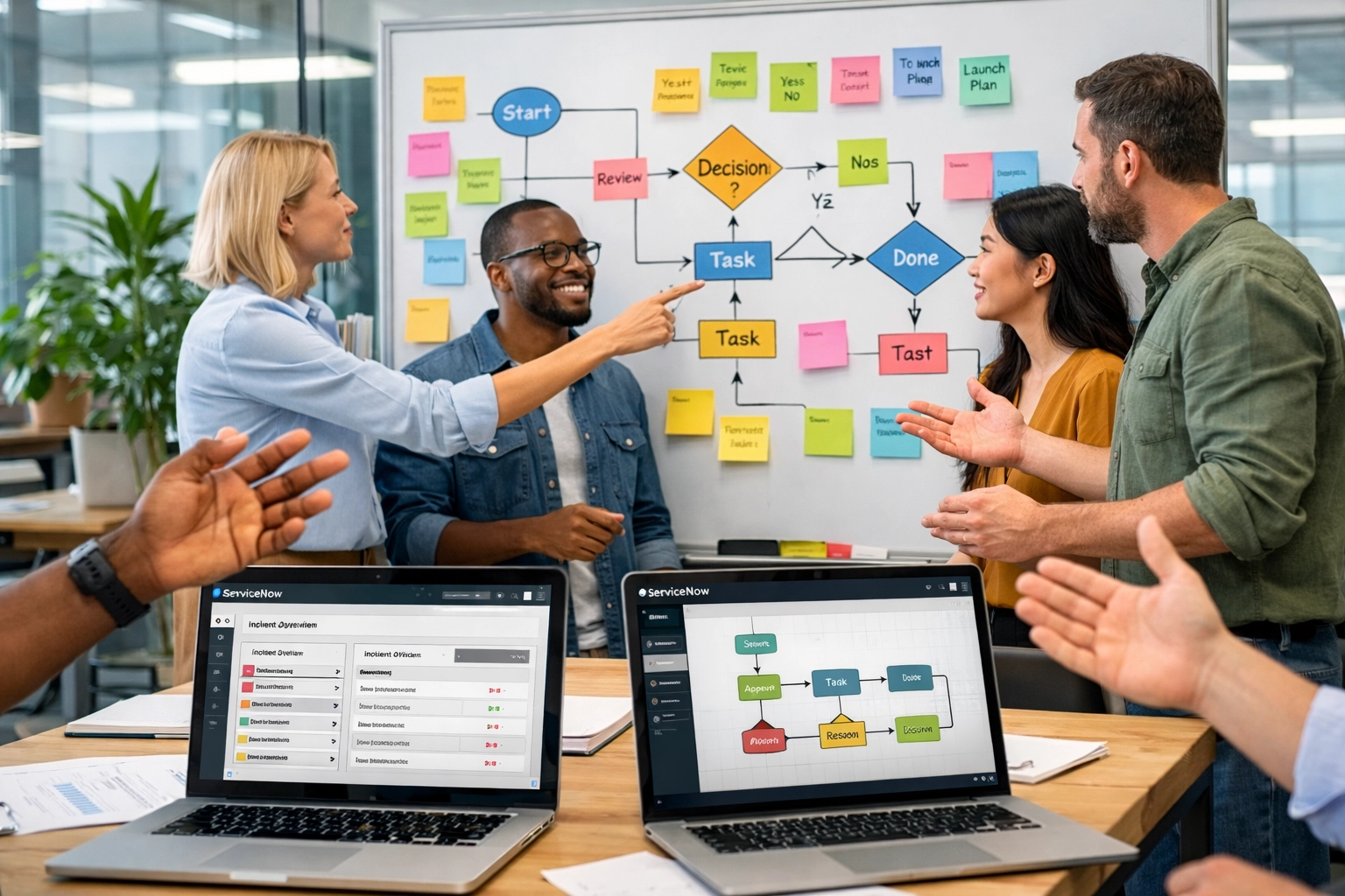 Team collaborating on ServiceNow ITSM process mapping with whiteboard diagrams and workflow planning