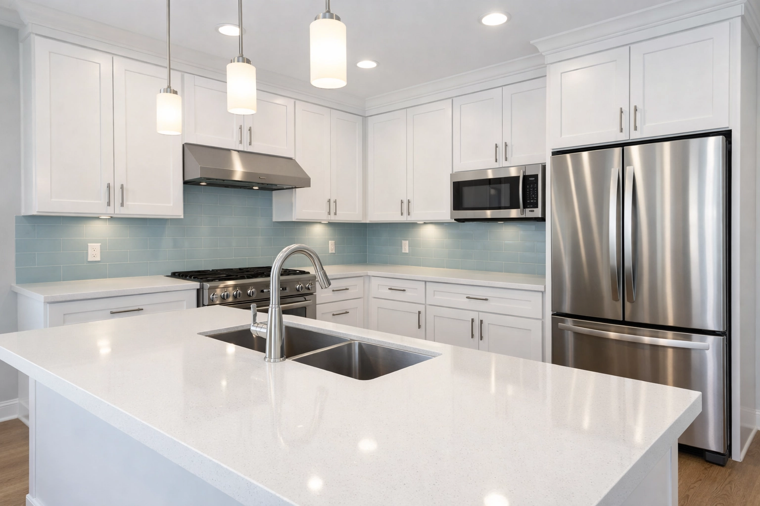 Spotless quartz kitchen counters after a professional move-in house cleaning Shirley MA session.