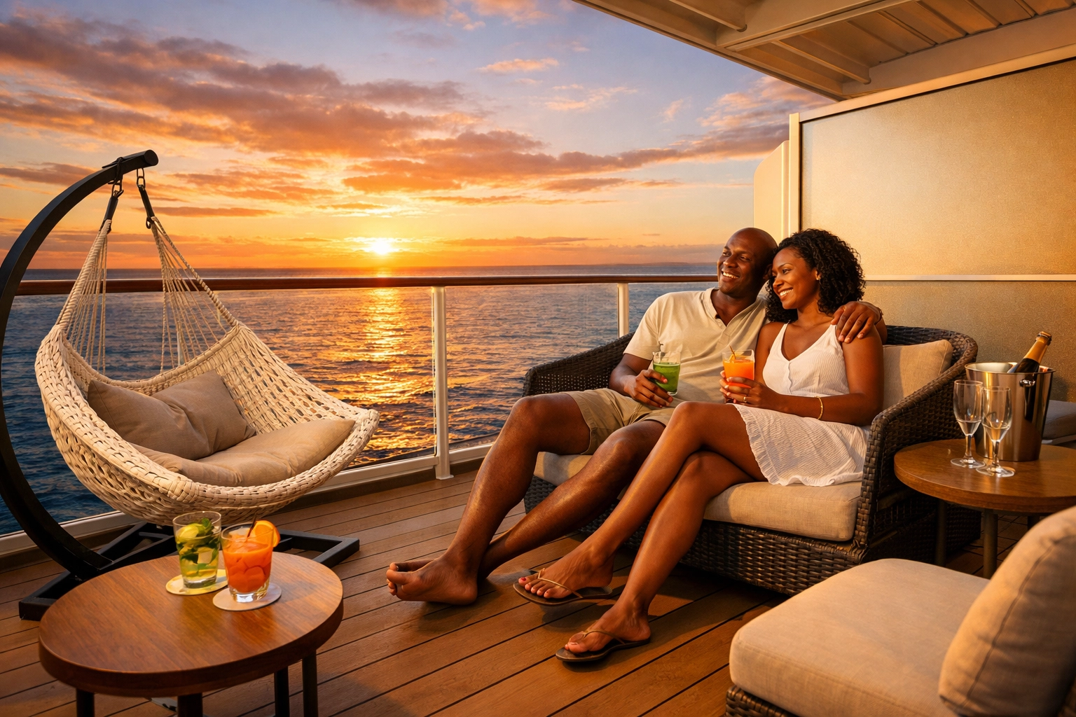 Private balcony with hammock on adults-only cruise stateroom overlooking ocean at sunset